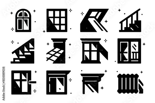 Architectural Icon Grid. Window Light in Architecture. Solid icons set of Window Light in Architecture: arched window, steel mullions, skylight ray, staircase,