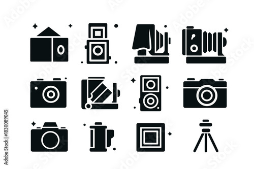 Evolution of Cameras. Historical photography and the development of the camera. Solid icons set of Historical photography and the development of the camera: