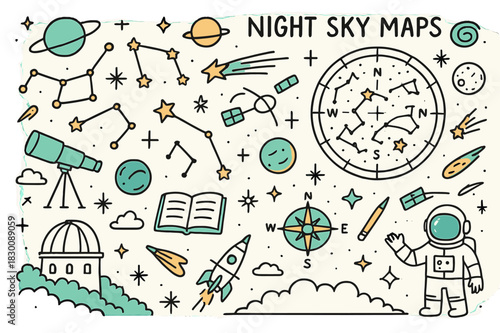 Cosmic Doodle Wonders. Night sky maps. Hand-drawn doodle illustration constellations (colored), stars (colored), planets (colored), moon (colored), telescope