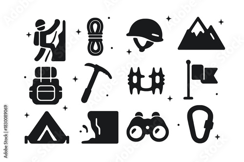 Climbing Expedition Icons. Climbing Expedition. Solid icons set of Climbing Expedition: climber, rope, helmet, mountain, backpack, ice axe, crampons, flag,