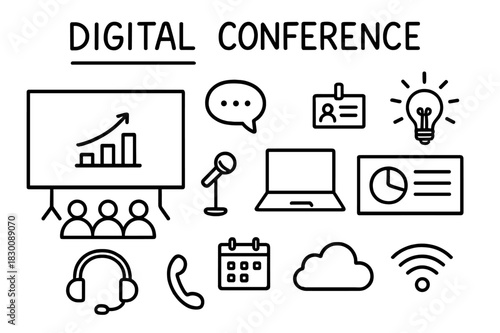 Digital Conference Doodles. Digital conference. Hand-drawn doodle illustration digital conference stage screen, microphone, laptop, audience icons,