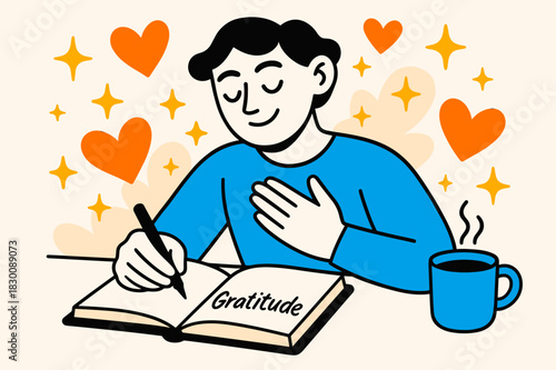 Gratitude Journaling Atmosphere. A person practicing gratitude, writing in a journal, surrounded by floating hearts, stars, and a warm cup of coffee, with a