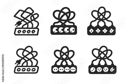 Power Strip Logos. Power strip clutter. Set Logo of Power strip clutter: overloaded strip with loops. harmonious logo variations of the same emblematic
