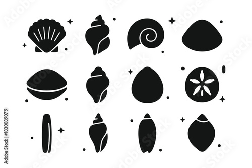 Minimalist Seashell Silhouettes. Minimalist Seashell Silhouettes. Solid icons set of Minimalist Seashell Silhouettes: scallop silhouette, conch silhouette,
