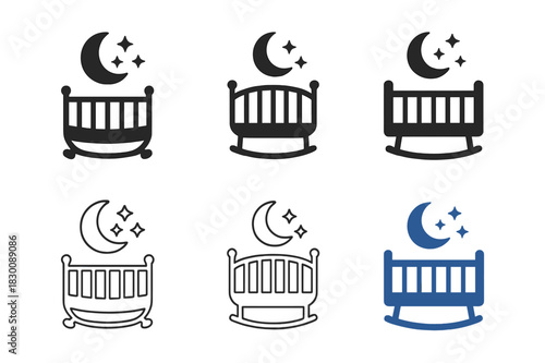 Infant Sleep Logos. Infant sleep. Set Logo of Infant sleep: moon and stars above crib. harmonious logo variations of the same emblematic concept, each with