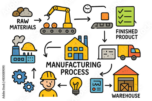 Manufacturing Process Infographic. Manufacturing process infographic. Colorful Hand-drawn doodle Children illustration Manufacturing process infographic