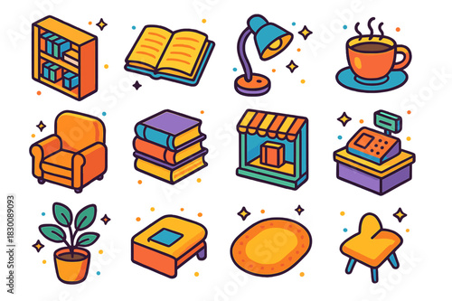 Colorful Reading Nook Icons. Reading nook. Colorful isometric vector icons set of reading nook: bookshelf, open book, reading lamp, coffee cup, armchair, book