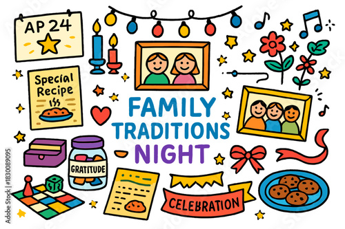 Family Traditions Night Icons. Family traditions night. Colorful Hand-drawn doodle Children illustration Family traditions night framed photos, candles,