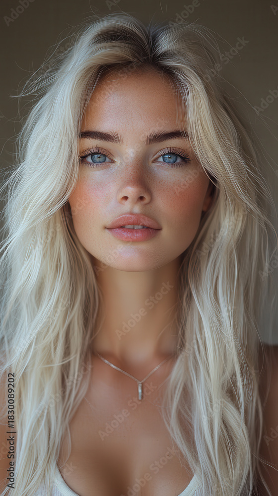 Naklejka premium Portrait of a Beautiful Blonde Woman with Blue Eyes and a Soft Smile on Beige Background
