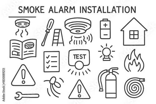 Smoke Alarm Setup. Smoke Alarm Installation. Hand-drawn doodle illustration Smoke Alarm Installation smoke detector, screwdriver, ladder, ceiling, battery,