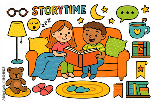 Cozy Storytime Scene. Storytime on the sofa. Colorful Hand-drawn doodle Children illustration Storytime on the sofa open book, blanket, pillows, lamp, glasses,