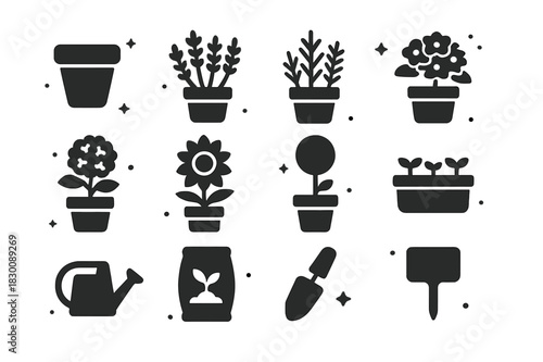 Porch Plant Icons. Porch Plants. Solid icons set of Porch Plants: terracotta pot, lavender, rosemary, fern, hydrangea, sunflower, topiary, planter box,