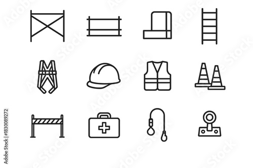 Scaffolding Safety Icons. Scaffolding and Safety. Line icon set of Scaffolding and Safety: scaffold frame, guardrail, toe board, access ladder, safety harness,