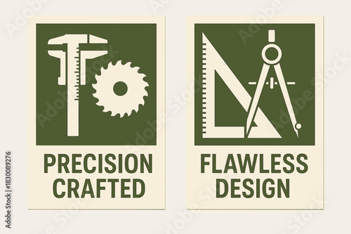 Precision and Design. PERFECTION. Two vertical A6 banners with safe margins, centered composition, no elements touching edges, geometric, olive green and