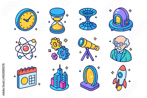 Time Physics Icons. Physics of time. Colorful isometric vector icons set of physics of time: clock, hourglass, wormhole, time machine, quantum particles,