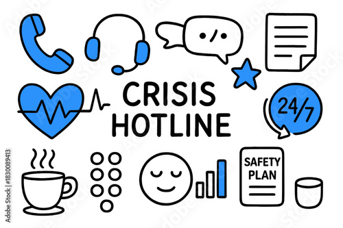 Crisis Hotline Doodle. // Crisis hotline. Hand-drawn doodle illustration Crisis hotline [phone handset (accented), headset (accented), lifeline heart