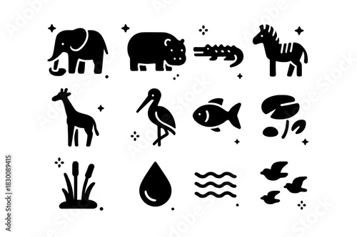 Waterhole Wildlife Icons. Waterhole Life. Solid icons set of Waterhole Life: elephant drinking, hippo, crocodile, zebra, giraffe, stork, fish, lily pad, reeds,