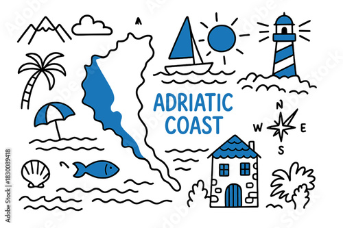 Adriatic Coastal Doodle. // Adriatic coast. Hand-drawn doodle illustration Adriatic coast [coastal map (accented), sailboat (accented), lighthouse (accented),