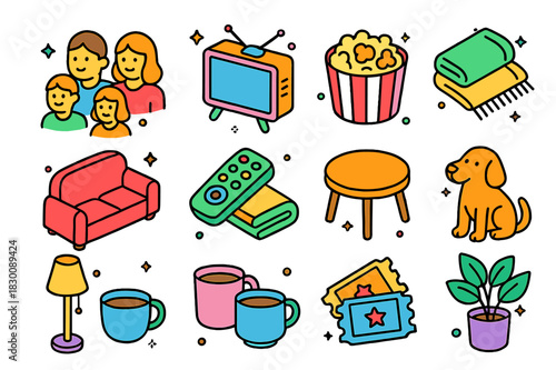 Cozy Family Night Icons. Evening together. Colorful isometric vector icons set of evening together: family, TV, sofa, popcorn bowl, remote control, blanket,