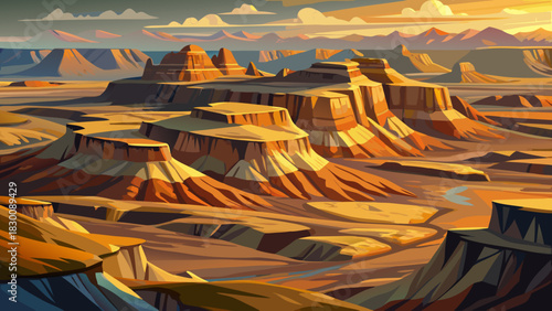 Very beautiful expansive view of rugged Badlands formations with layered cliffs, open plains, and soft sunlight revealing dramatic textures across the untouched terrain.
