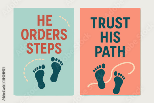 Guided Footsteps. Guided Steps. Two vertical A6 banners with safe margins, centered composition, no elements touching edges, modern, coral and teal,
