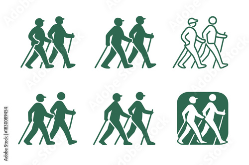 Active Aging Logos. Active aging. Set Logo of Active aging: walking group with poles. harmonious logo variations of the same emblematic concept, each with