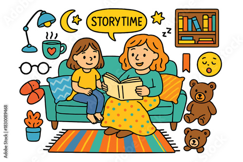 Cozy Storytime Icons. Storytime on the sofa. Colorful Hand-drawn doodle Children illustration Storytime on the sofa open book, blanket, pillows, lamp, glasses,