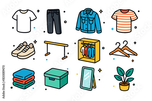 Minimalist Wardrobe Icons. Minimalist wardrobe. Colorful isometric vector icons set of Minimalist wardrobe: white T-shirt, black jeans, denim jacket, striped