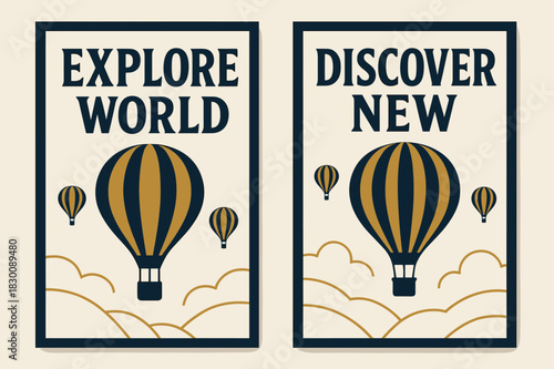 Explore Discover Banners. Travel Adventure. Two vertical A6 banners with safe margins, centered composition, no elements touching edges, bold, navy and gold,
