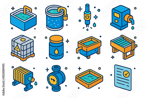 Industrial Wastewater Control Icons. Industrial wastewater control. Colorful isometric vector icons set of Industrial wastewater control: equalization tank,