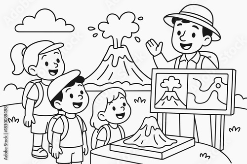 Volcano Adventure Coloring Page. Volcano field trip children?s coloring book illustration, outlined drawing, cheerful kids with a guide looking at a model