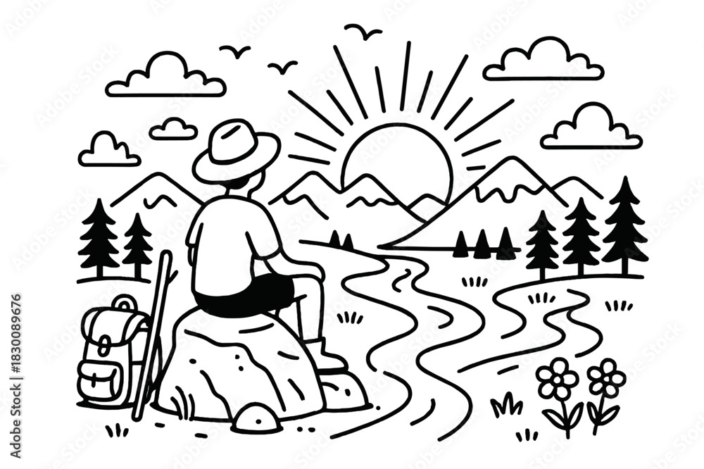 Obraz premium Traveler's Sunset View. Traveler?s View. Hand-drawn doodle illustration Traveler?s View person sitting on rock, watching sunset, mountains, river, clouds,