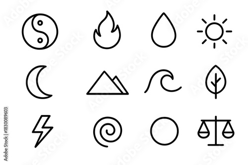 Duality Symbol Grid. Duality symbols. Line icon set of duality symbols: yin-yang symbol, fire, water, sun, moon, mountain, ocean wave, leaf, lightning bolt,