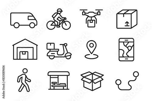 Urban Delivery Icons. Urban delivery. Line icon set of urban delivery: delivery van, bicycle courier, drone, package, warehouse, scooter, map marker,
