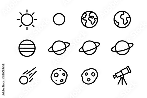 Astronomy Line Icons. Astronomical view. Line icon set of astronomical view: sun, mercury, venus, earth, mars, jupiter, saturn, uranus, neptune, comet,
