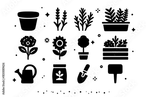 Porch Plant Icons. Porch Plants. Solid icons set of Porch Plants: terracotta pot, lavender, rosemary, fern, hydrangea, sunflower, topiary, planter box,
