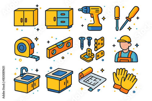 Colorful Remodeling Icons. Interior remodeling. Colorful isometric vector icons set of interior remodeling: upper cabinets, lower cabinets, drill, screwdriver,