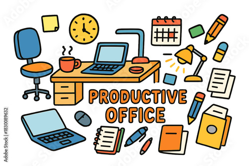 Colorful Productive Office Doodles. productive office. Colorful Hand-drawn doodle Children illustration productive office laptop, desk, chair, coffee cup,
