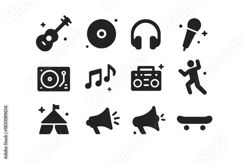 Urban Music Icons. Urban Music Scene. Solid icons set of Urban Music Scene: guitar, vinyl record, headphones, microphone, DJ turntable, speaker, music notes,