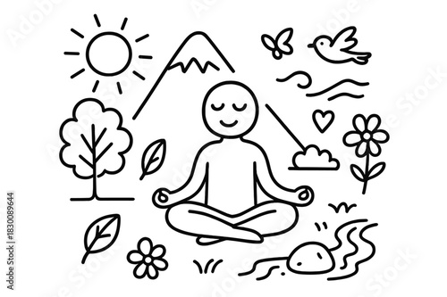 Outdoor Meditation Icons. Meditation outdoors. Hand-drawn doodle illustration meditation outdoors lotus pose figure, mountain, tree, sun, bird, calm face,