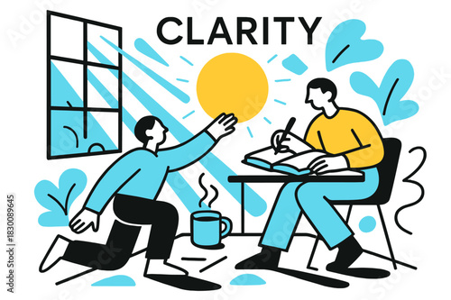 Focus and Clarity. Focus and Energy. Rays stream through a window onto a desk with coffee and notebook; the word ?Clarity? floats in thin type above a glowing