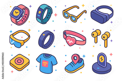 Colorful Wearable Tech Icons. Wearables. Colorful isometric vector icons set of Wearables: smartwatch, fitness tracker band, smart glasses, VR headset, AR