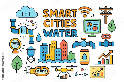 Smart Water Cityscape. Smart Cities Water. Colorful Hand-drawn doodle Children illustration Smart Cities Water city skyline, smart pipe, IoT sensor, data