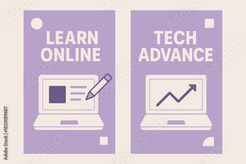 Educational Tech Banners. Education Technology. Two vertical A6 banners with safe margins, centered composition, no elements touching edges, geometric,