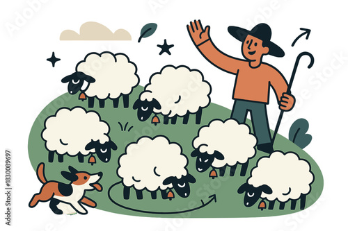 Sheep and Shepherd Scene. Grazing sheep. Woolly shapes nibble a green hillside as bells ping like tiny stars; a shepherd waves ?Hello, meadow!?. A playful dog