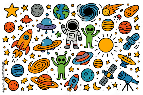 Colorful Space Doodles. Space, Colorful Hand-drawn doodle Children illustration Layered fashion planets, stars, moons, rockets, astronauts, aliens, spaceships,