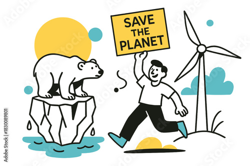 Climate Change Illustration. Climate change awareness. A polar bear on a melting iceberg, a person holding a sign that says "Save the Planet", a wind turbine