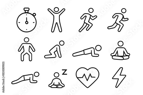 HIIT Exercise Icons Set. HIIT. Line icon set of HIIT: stopwatch, jumping jack, high knees, sprint, squat jump, burpee, plank, push-up, mountain climber, rest