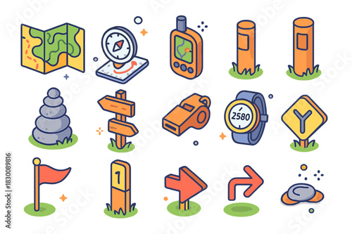Trail Navigation Icons. Trail navigation. Colorful isometric vector icons set of Trail navigation: topographic map, baseplate compass, handheld GPS, trail