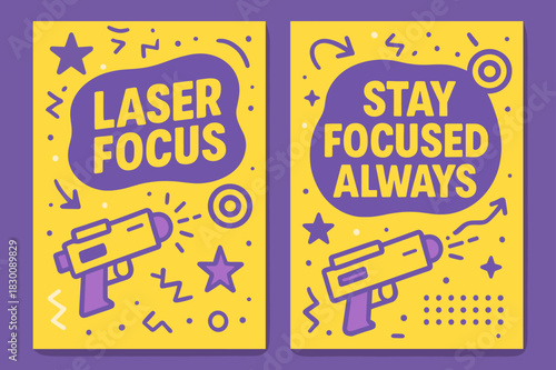 Laser Focus Banners. Laser focus. Two vertical A6 banners with safe margins, centered composition, no elements touching edges, memphis, purple and yellow,